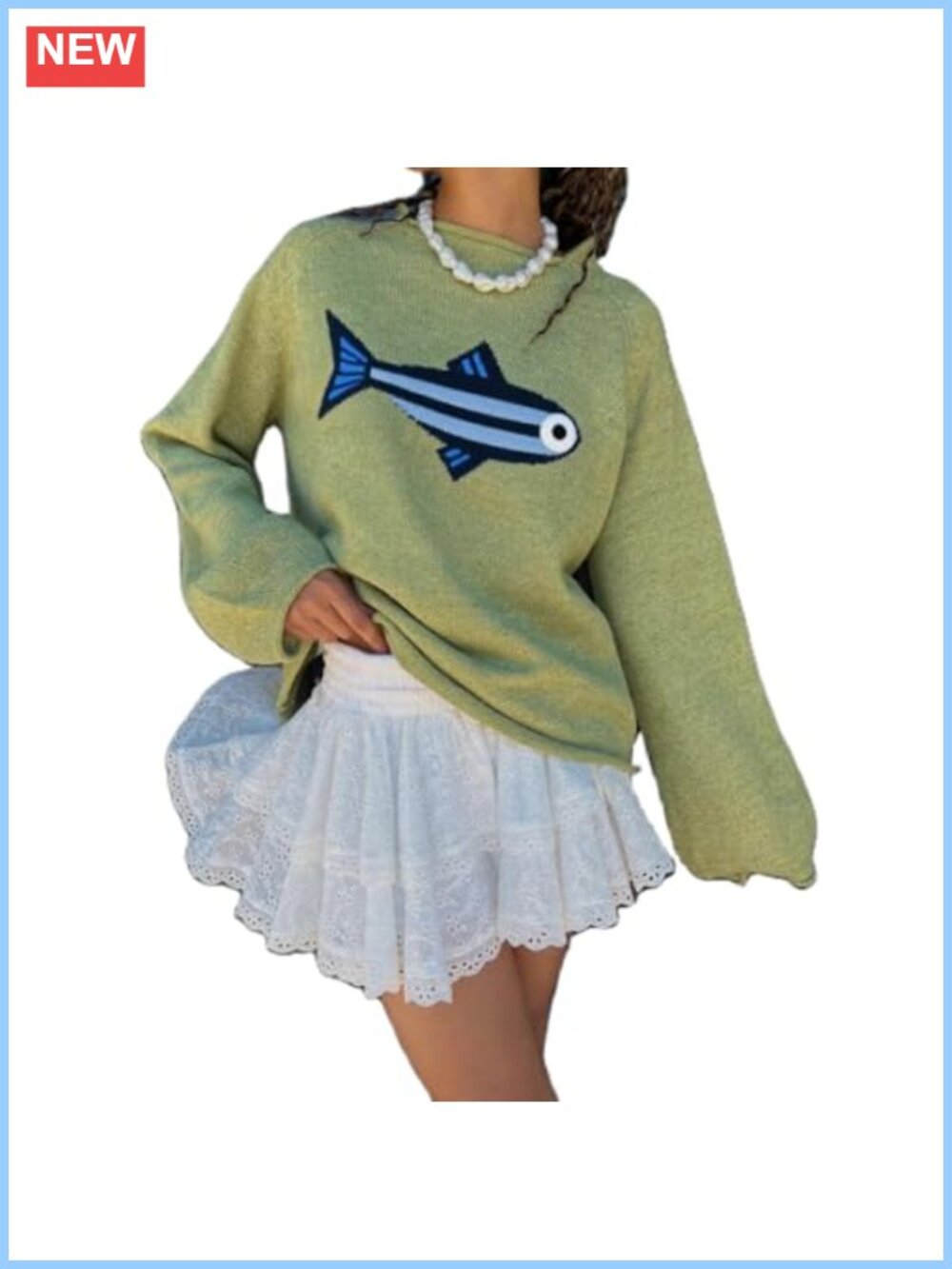 Women Rib Knit Crew Neck Pullover Sweater Oversized Fish Graphic